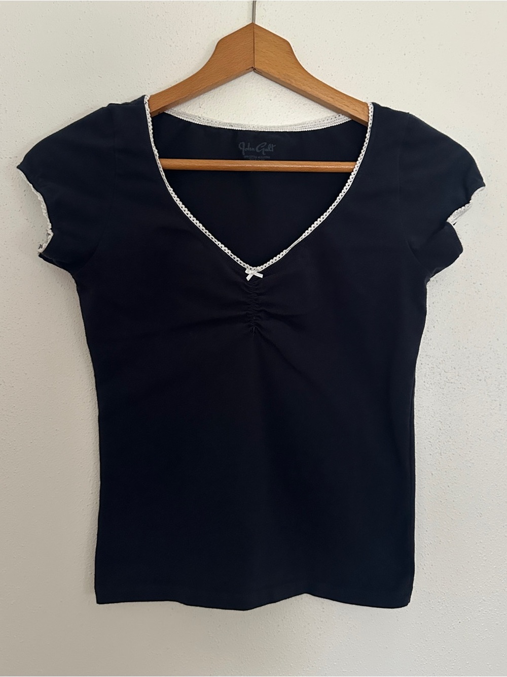 Brandy Melville Black V-Neck Tee with White Lace Trim